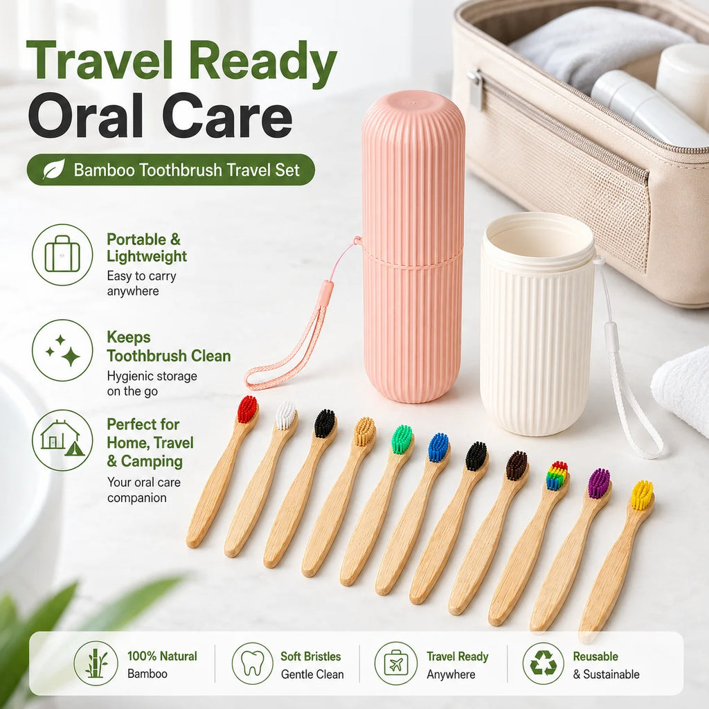 SWANS 10-Pack Bamboo Toothbrushes & Travel Cup – Soft Rainbow Bamboo Toothbrush Set SWANS