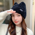 Cat Ears Knitted Beanie – Women's Winter Plush Pullover Hat Knitted Beanie Hat SWANS black One Size