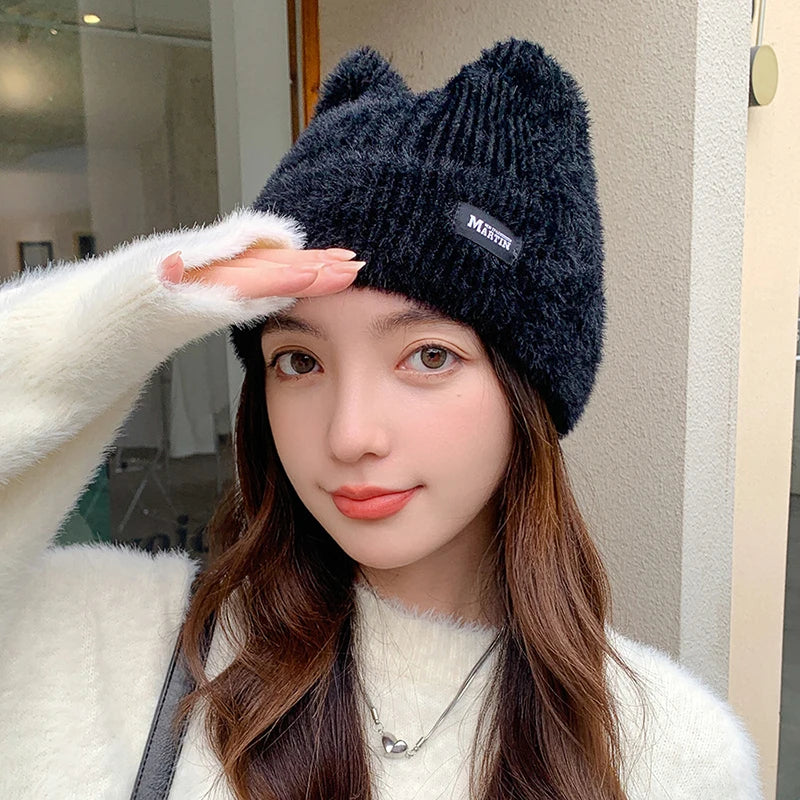 Cat Ears Knitted Beanie – Women's Winter Plush Pullover Hat Knitted Beanie Hat SWANS black One Size