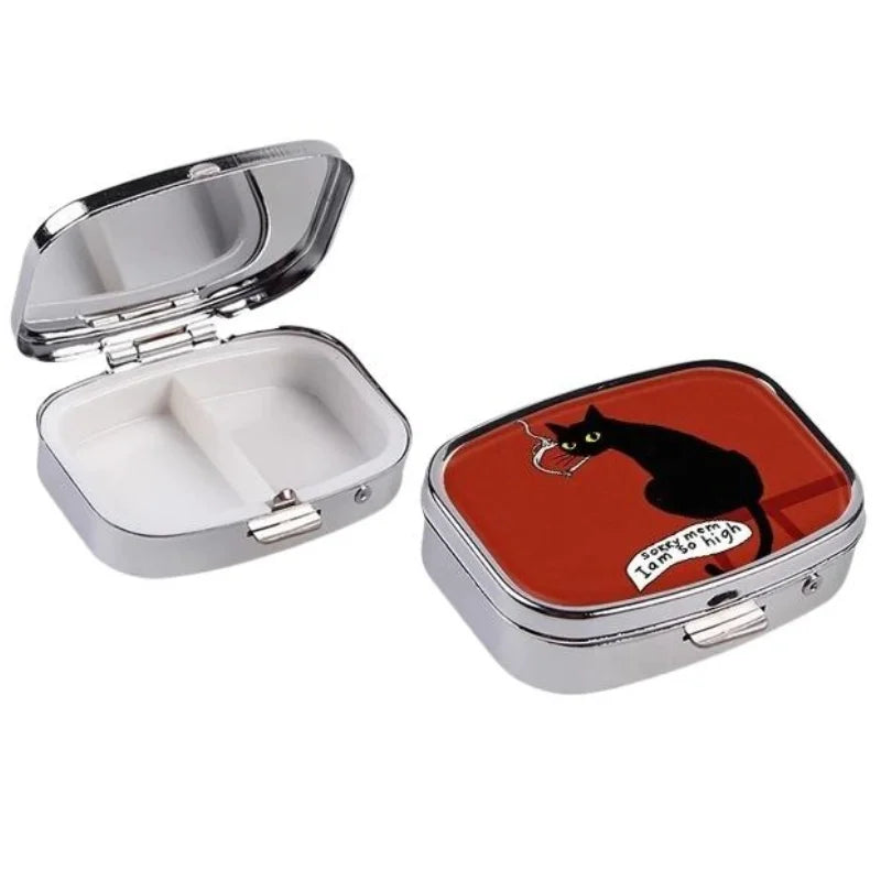 Funny Black Cat Metal Pill Box – 2-Grid Mini Travel Organizer Mini Pill Organizer SWANS