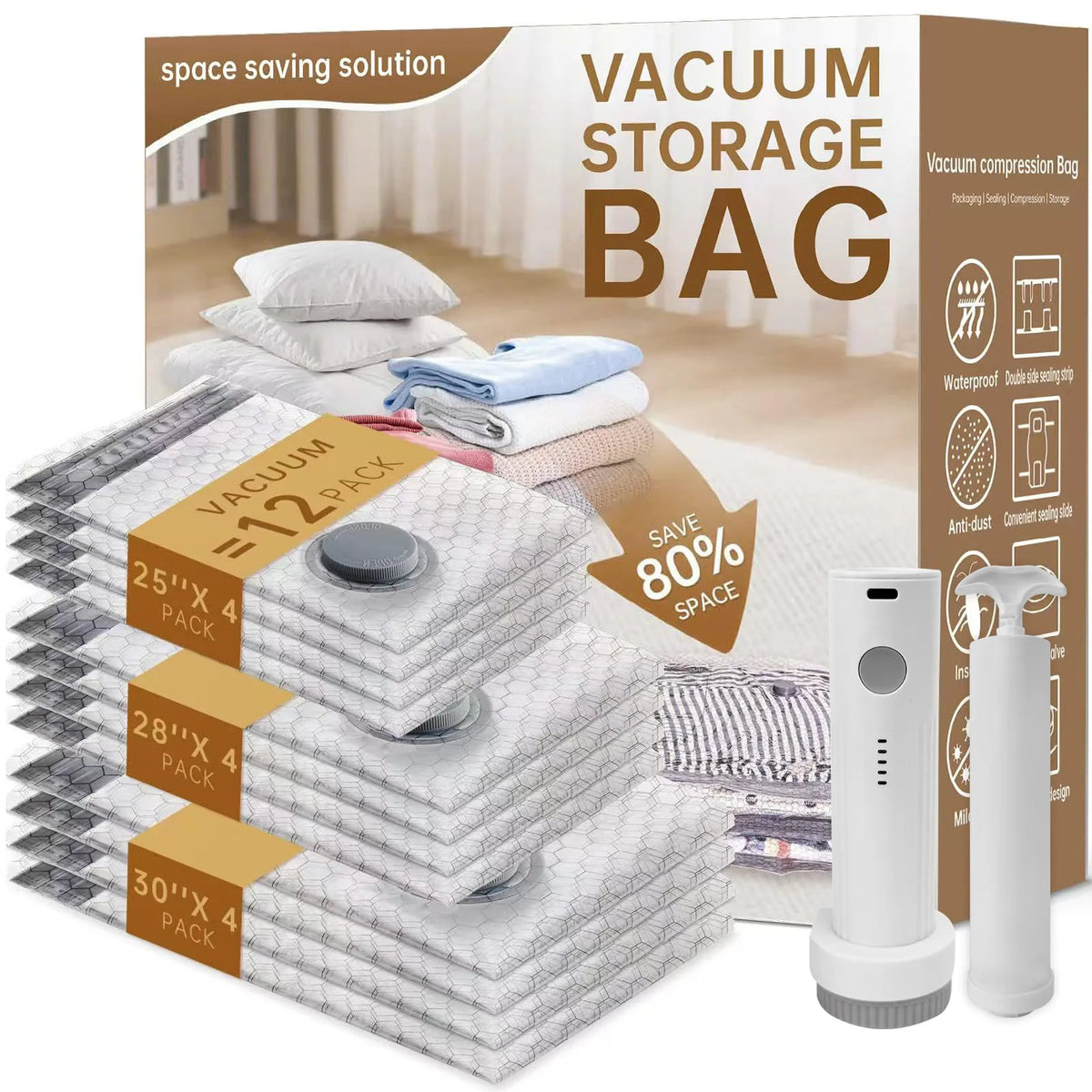 Vacuum Compression Bags for Travel – Clothes & Blanket Storage Vacuum Storage Bag SWANS electric pump 12Pcs
