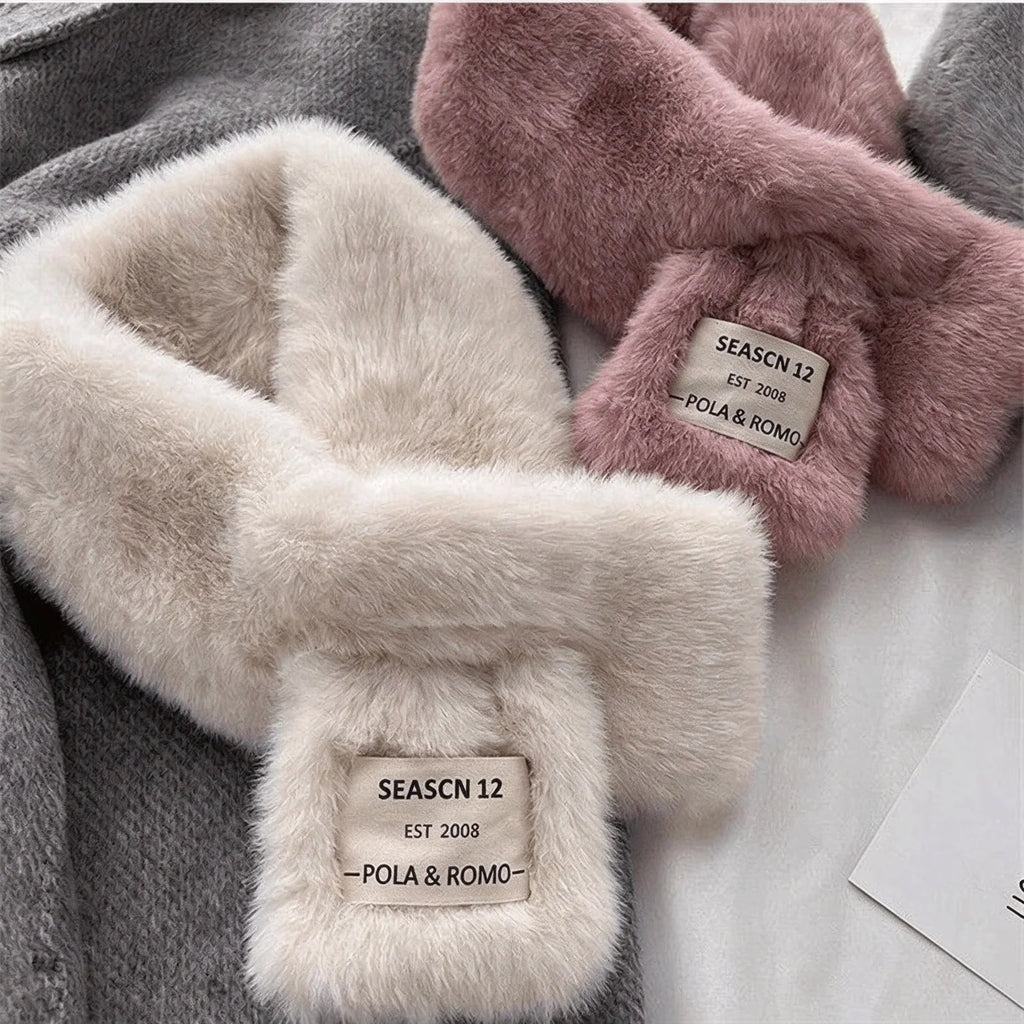 Pull-Through Faux Fur Scarf – Plush Letter Patch Neck Warmer Faux Fur Scarf SWANS