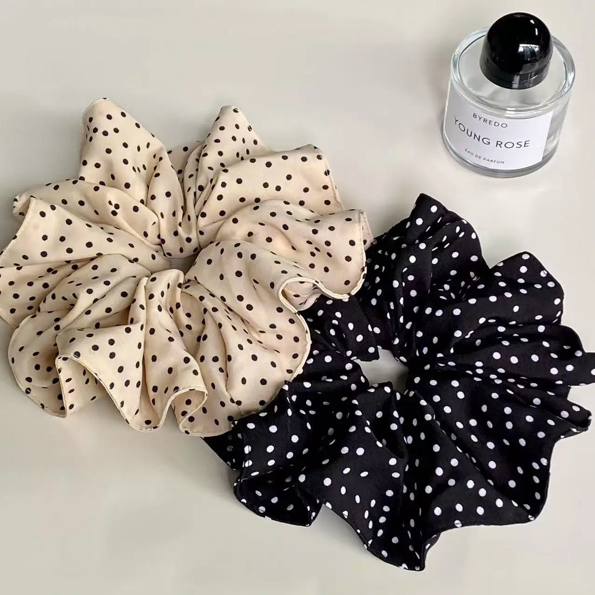 Vintage Polka Dot Chiffon Scrunchie – Large Retro Hair Tie Chiffon Hair Scrunchie SWANS