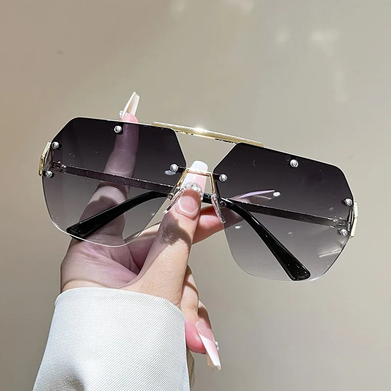 Y2K Rimless Pilot Sunglasses Double Bridge Rivet Metal Unisex Fashion Sunglasses SWANS Gray