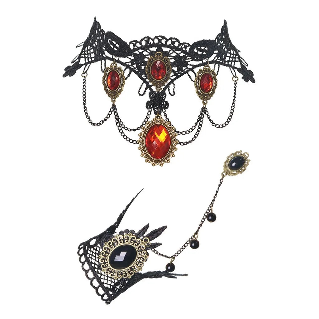 Gothic Black Lace Choker Necklace & Bracelet Set | Faux Gem Jewelry Set SWANS