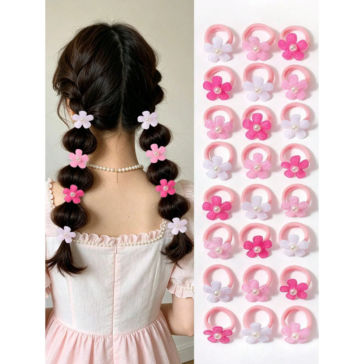 10-Pack Pink Flower Hair Ties with Pearl Decor – Ponytail Holders Floral Hair Ties SWANS