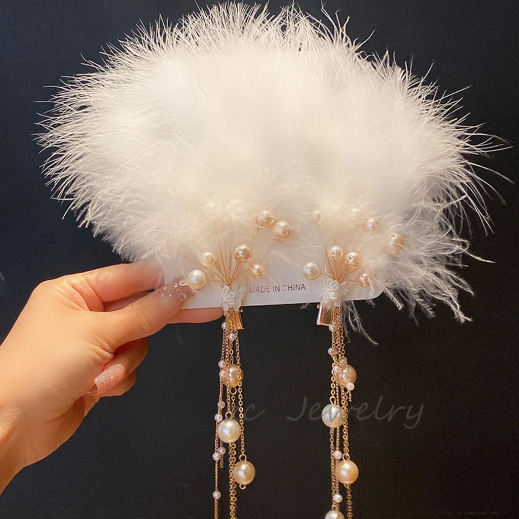 White Feather Hair Clip – Faux Pearl Tassel Bridal Barrette Bridal Hair Barrette SWANS