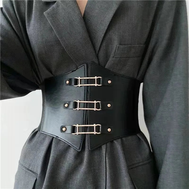 Women's Wide Corset Belt – Black Faux Leather Lace-Up Girdle Corset Waist Belt SWANS