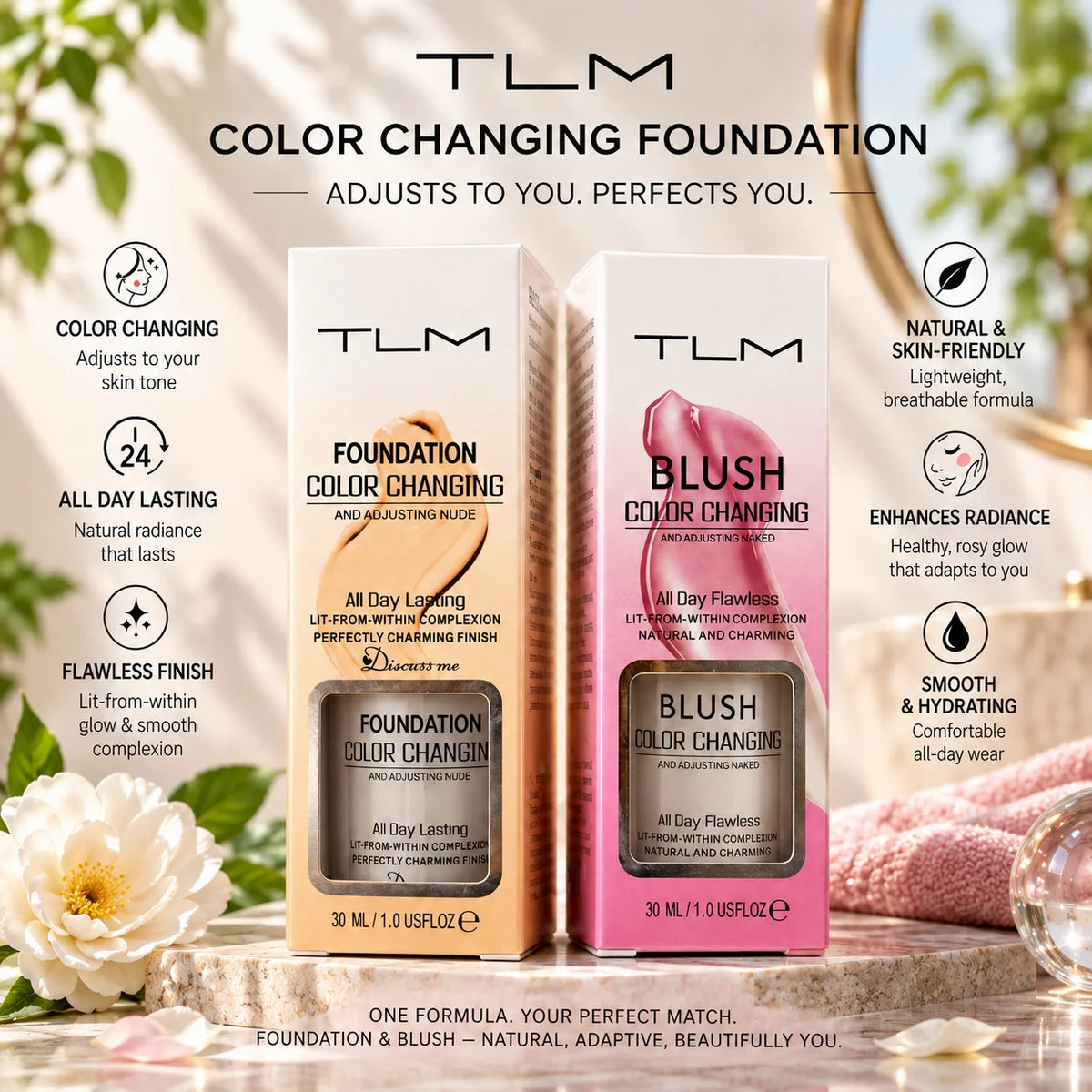 TLM Color Changing Foundation & Blush Set – 30ml Liquid Foundation Set SWANS 1Set United States
