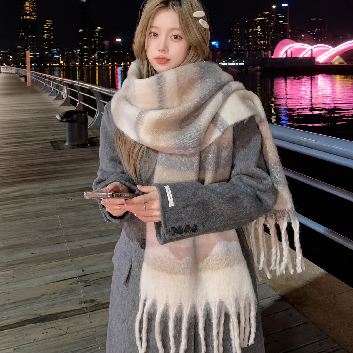 Women's Soft Mohair Fringe Scarf – Check & Solid Wrap Fringe Wrap Scarf SWANS