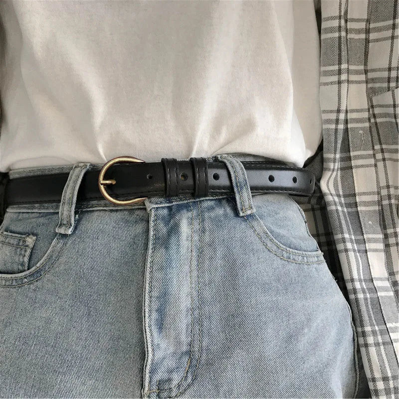 Women's Black PU Leather Thin Belt | Silver Pin Buckle Women's Leather Belt SWANS