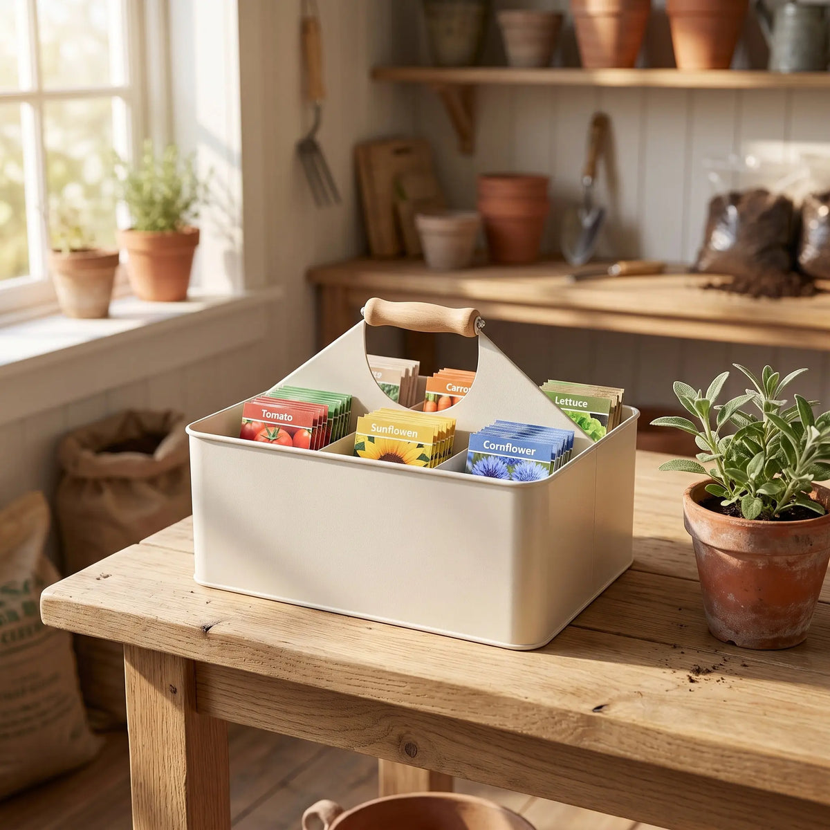 4-Compartment Garden Seed & Tool Storage Caddy – White Garden Storage Caddy SWANS