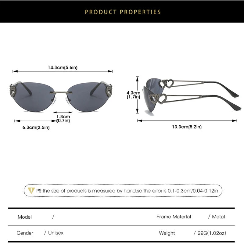 Y2K Rimless Double Heart Cat Eye Sunglasses UV400 Unisex Fashion Sunglasses SWANS