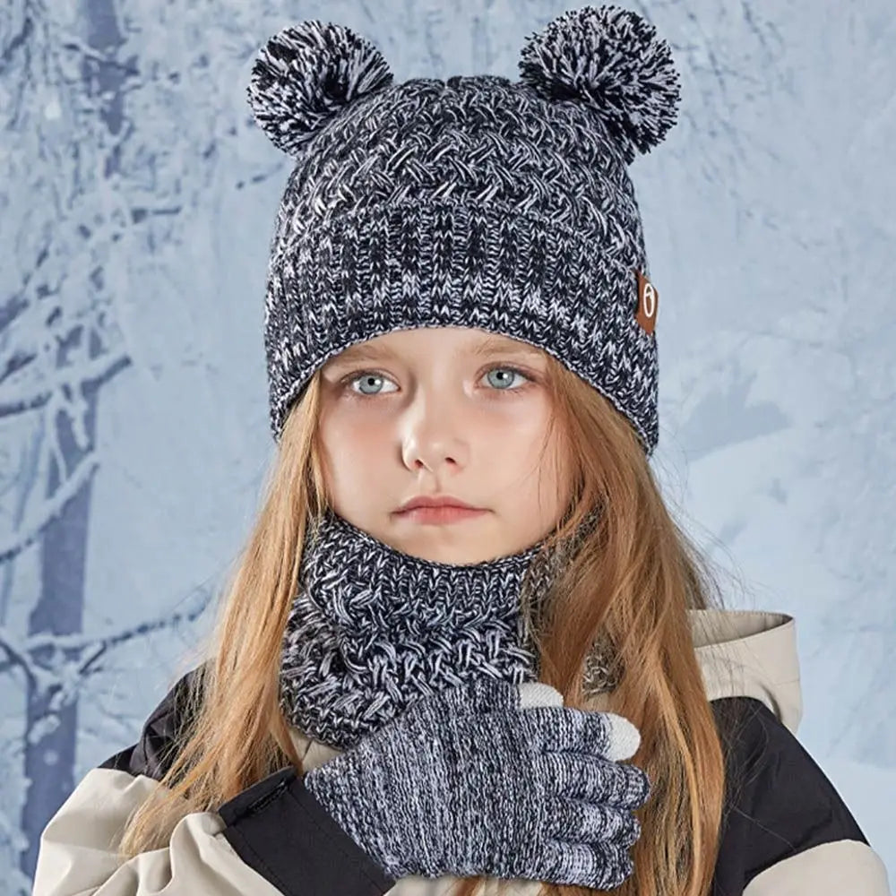 Kids Winter Hat Gloves & Scarf Set – Knit Beanie with Pom Kids Winter Accessory Set SWANS