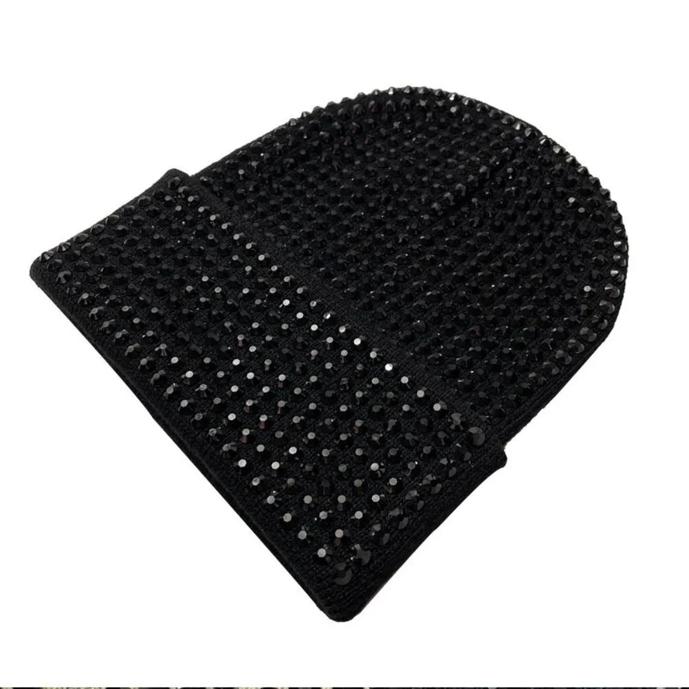 Y2K Rhinestone Knit Beanie Hat – Stretchy Shiny Cap Men & Women Knit Beanie Hat SWANS Black