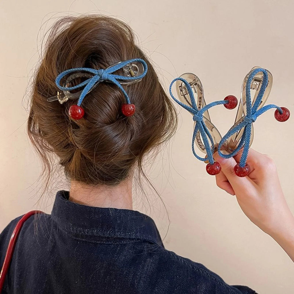 Cherry Blue Bow Hair Clip – Transparent Claw for Women Hair Claw Clip SWANS