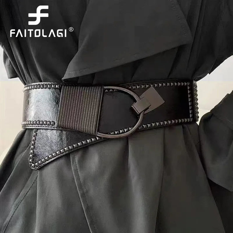 Women's Wide PU Leather Rivet Belt – Hip Hop Corset Waistband Wide Fashion Belt SWANS
