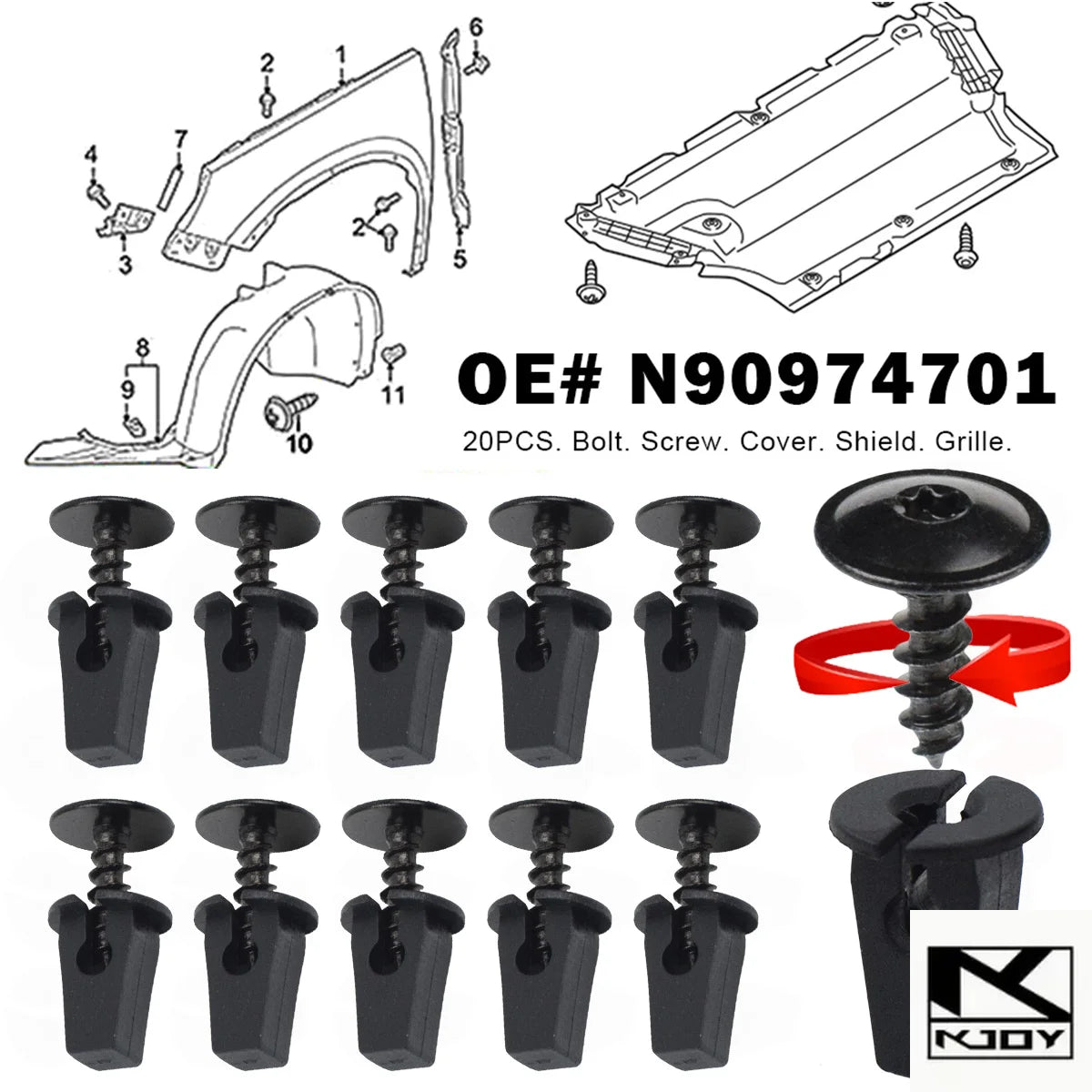 KKJOY Engine Undertray Clips & Screws N90974701 for VW Audi Undertray Fastener Kit SWANS