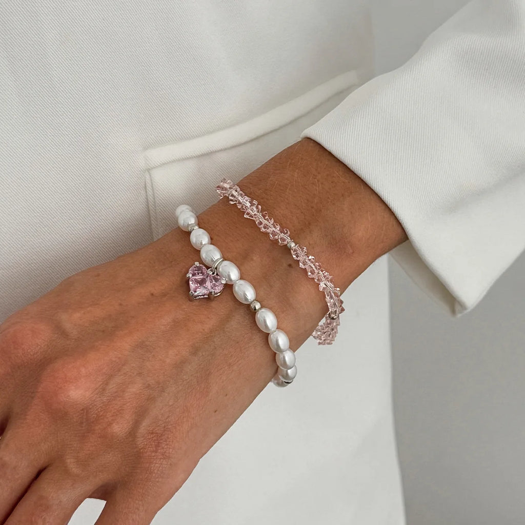 Layered Pearl Beaded Stackable Bracelet Set for Women – 2 Pcs Stackable Bracelet Set SWANS Pink