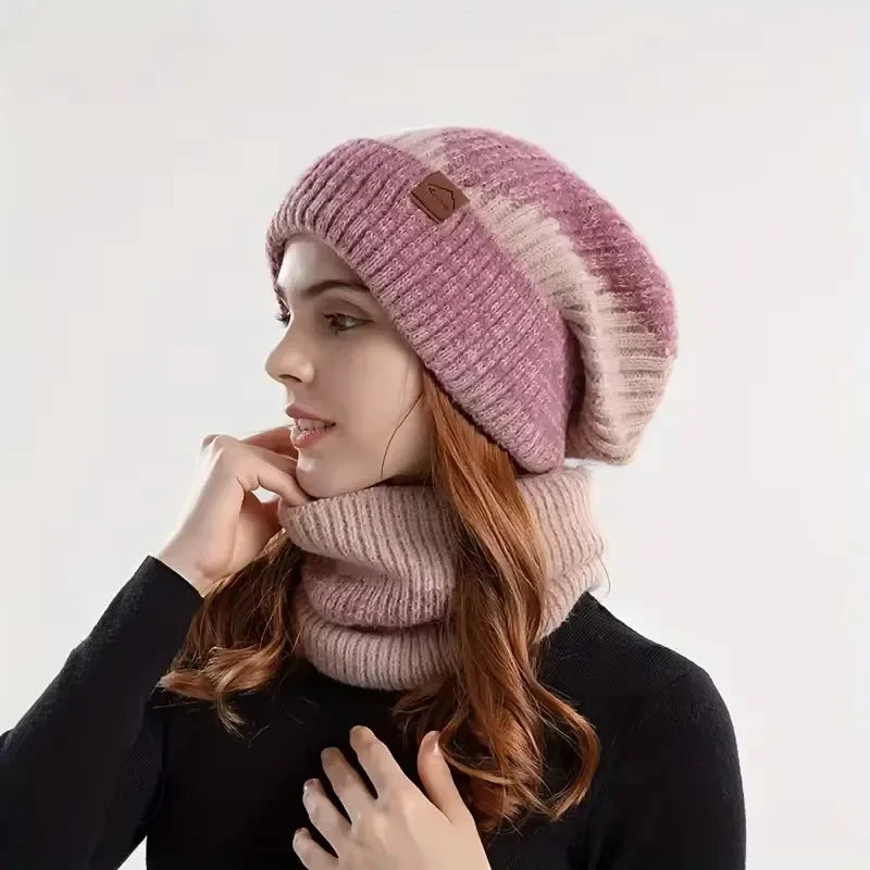 Women's Two-Tone Knitted Beanie & Velvet Bib Set | Winter Hat Winter Beanie Set SWANS