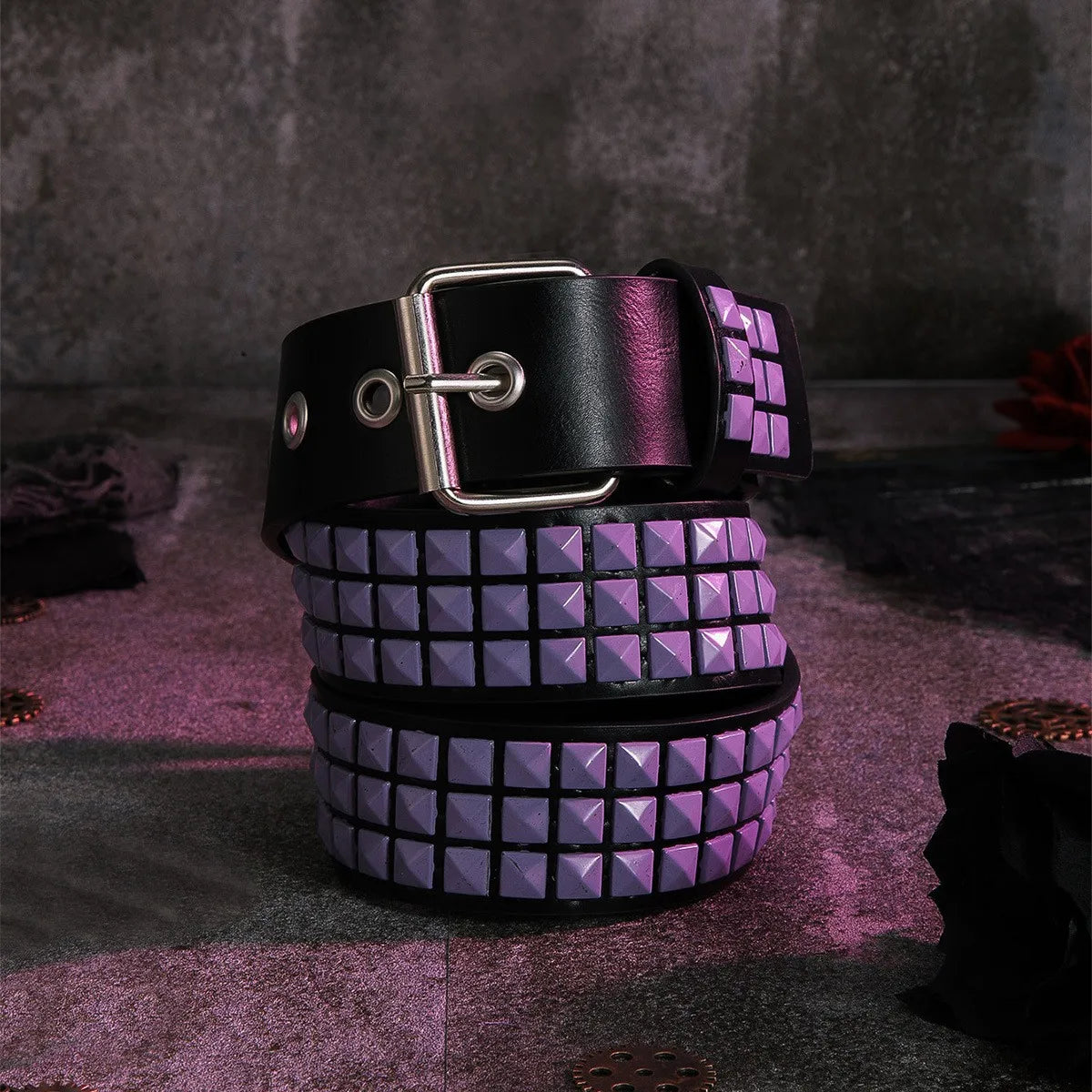 Y2K Punk Rock Square Bead Rivet Belt – Unisex Metal Belt Punk Rivet Belt SWANS Purple 110cm