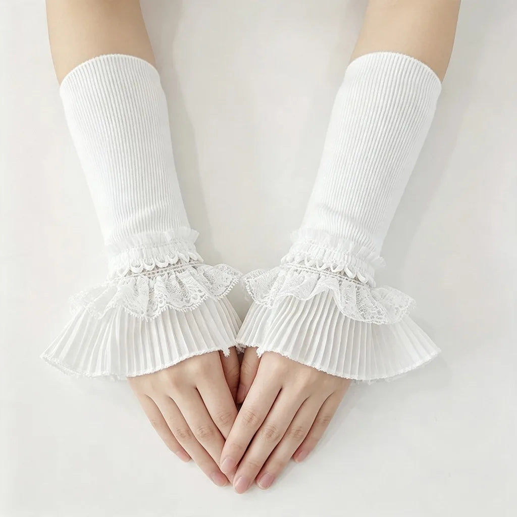 Lace Trim Fingerless Arm Warmers – Knit Ruffle Cuff Sleeves Fingerless Arm Warmers SWANS White