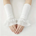 Lace Trim Fingerless Arm Warmers – Knit Ruffle Cuff Sleeves Fingerless Arm Warmers SWANS White