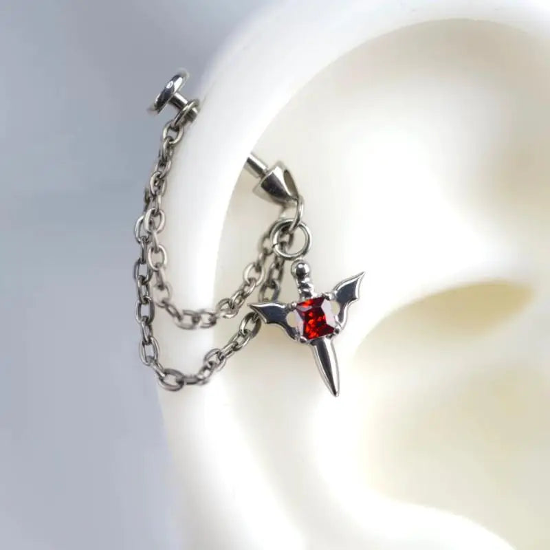 Y2K Gothic Silver Chain Stud Earring – Red Zircon Wing & Rivet Gothic Stud Earring SWANS