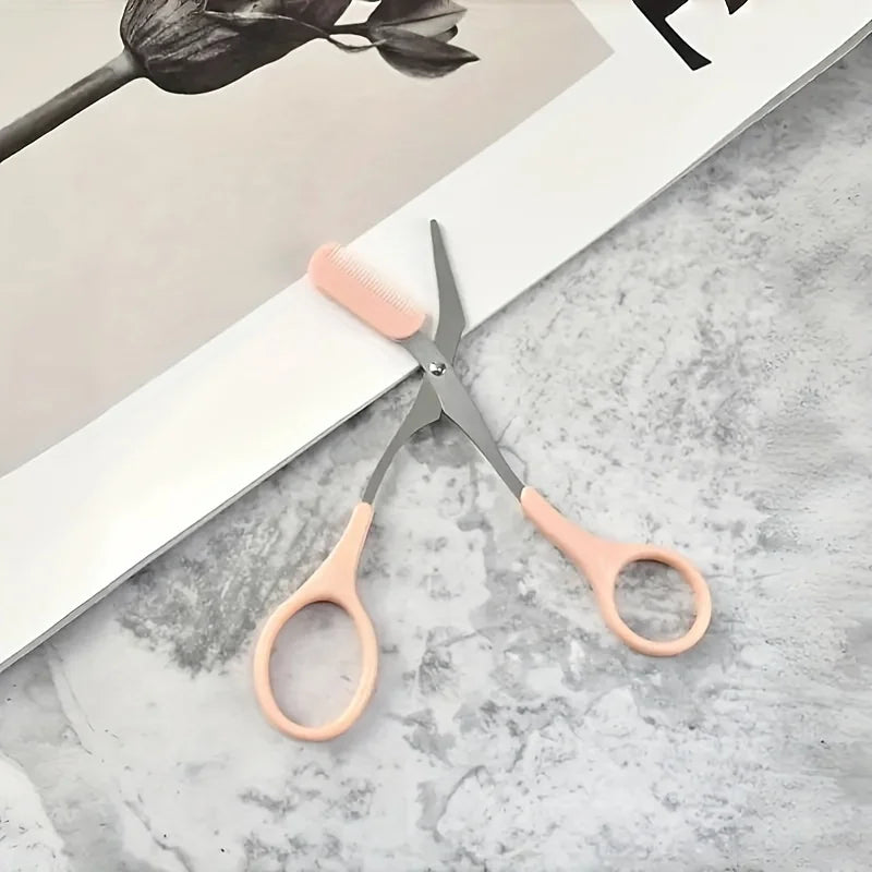 SWANS Pink Eyebrow Scissors with Built-In Comb | Precision Trim Eyebrow Grooming Scissors SWANS Pink