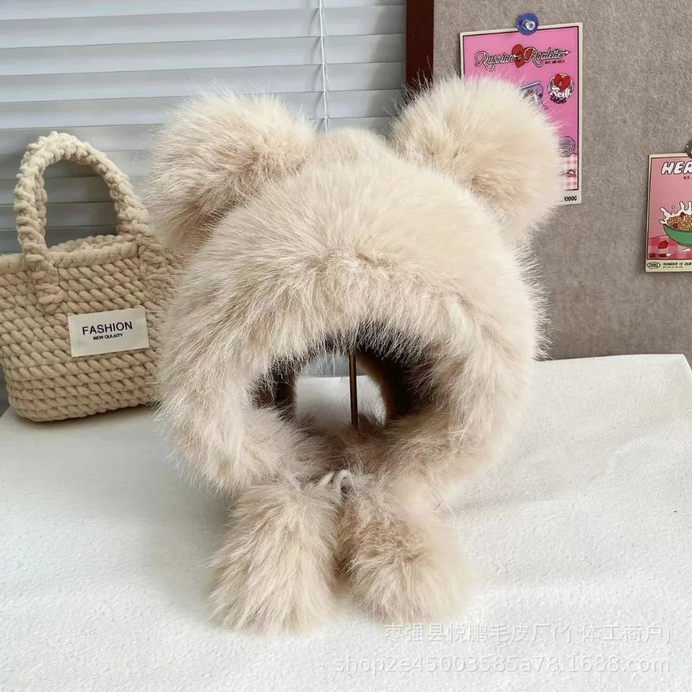 Women's Winter Wool Bucket Hat with Bear & Rabbit Ears Winter Bucket Hat SWANS Beige-C