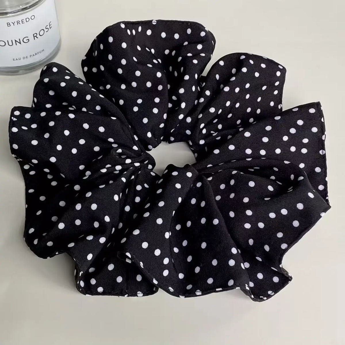 Vintage Polka Dot Chiffon Scrunchie – Large Retro Hair Tie Chiffon Hair Scrunchie SWANS black