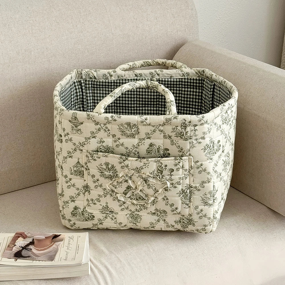 Vintage Floral Quilted Foldable Storage Basket with Handle Fabric Storage Basket SWANS 7