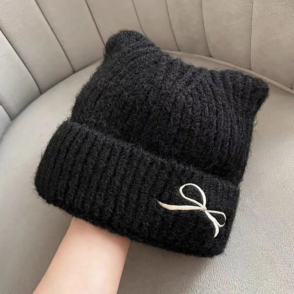 Women's Cat Ear Knit Beanie – Bowknot Winter Hat | FAITOLAGI Knit Beanie Hat SWANS black elastic