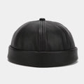Retro PU Leather Brimless Hat – Unisex Adjustable Docker Cap Brimless Docker Hat SWANS Black