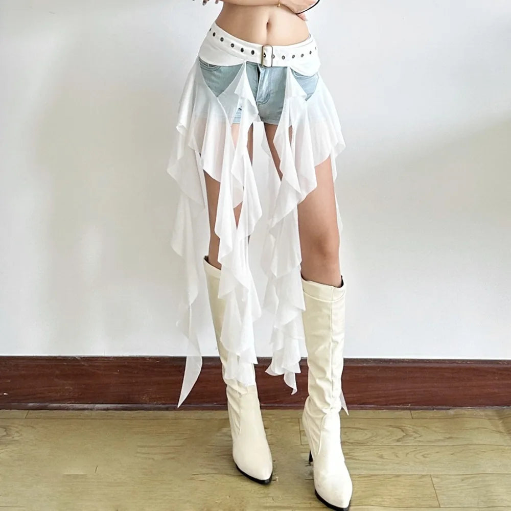 Y2K Ruffle Tassel Waistband Belt & Mini Skirt – Women's Streetwear Ruffle Waistband Belt SWANS White Uniform