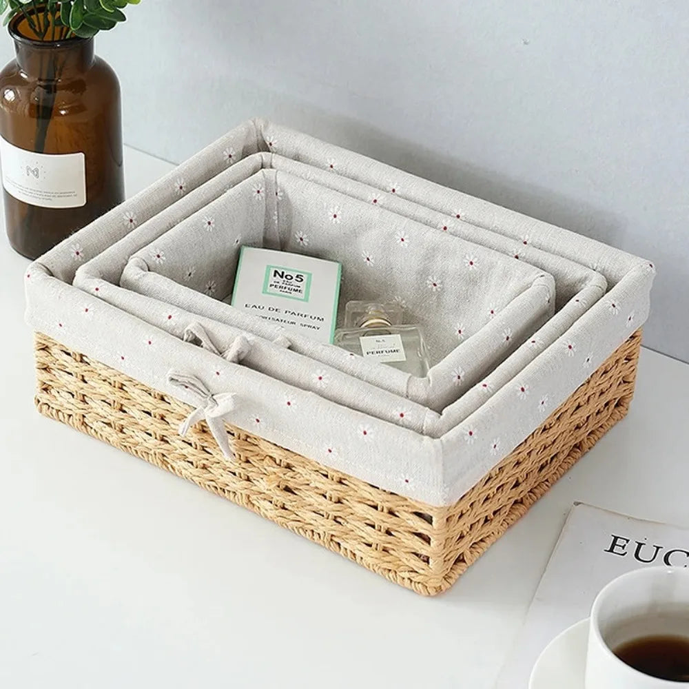 Handwoven Storage Basket with Lid – Linen Organizer S/M/L Woven Storage Basket SWANS
