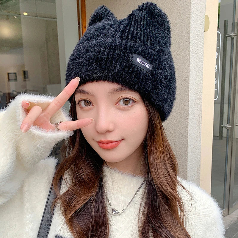 Cat Ears Knitted Beanie – Women's Winter Plush Pullover Hat Knitted Beanie Hat SWANS