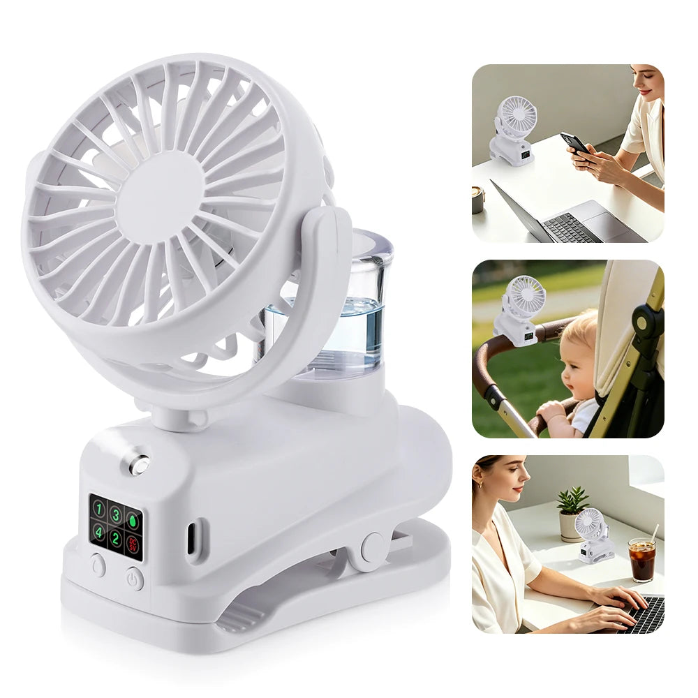 AFDEAL Clip-On Mist Fan USB Rechargeable 4-Speed LED Display Clip-On Mist Fan SWANS WHITE