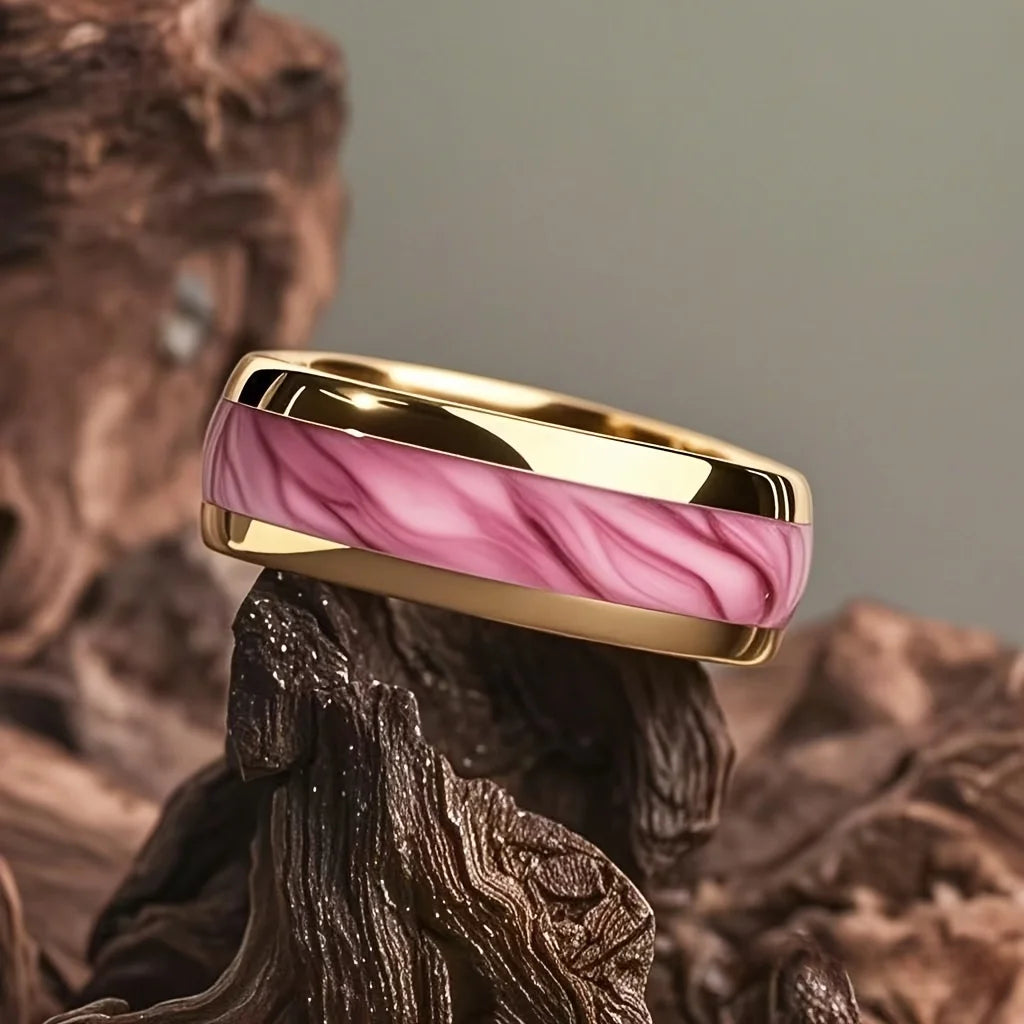 Pink Abalone Shell Ring Gold-Tone Stainless Steel Unisex Fashion Ring SWANS