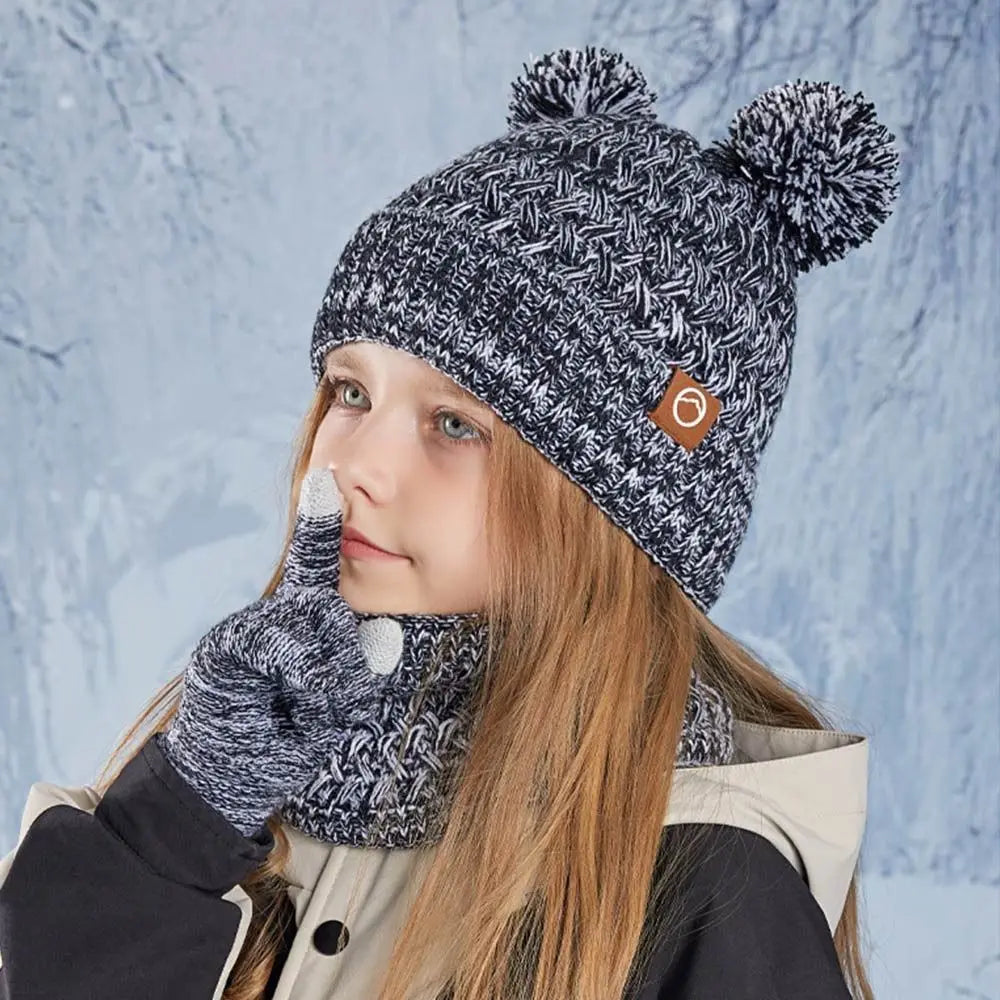 Kids Winter Hat Gloves & Scarf Set – Knit Beanie with Pom Kids Winter Accessory Set SWANS