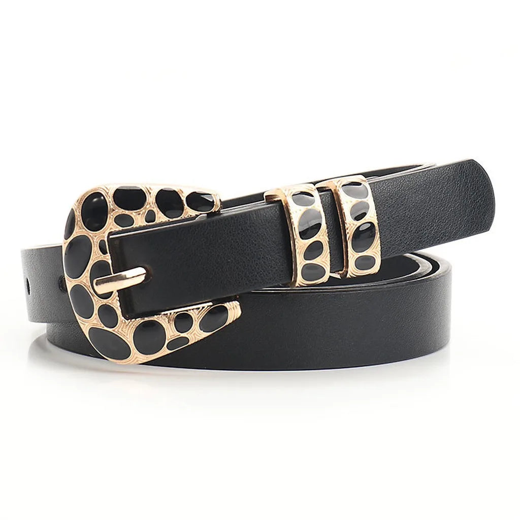 Women's Skinny PU Leather Belt – Leopard Print & Solid Skinny Leather Belt SWANS Black 105CM