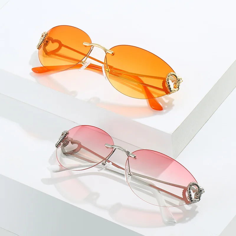 Y2K Rimless Double Heart Cat Eye Sunglasses UV400 Unisex Fashion Sunglasses SWANS
