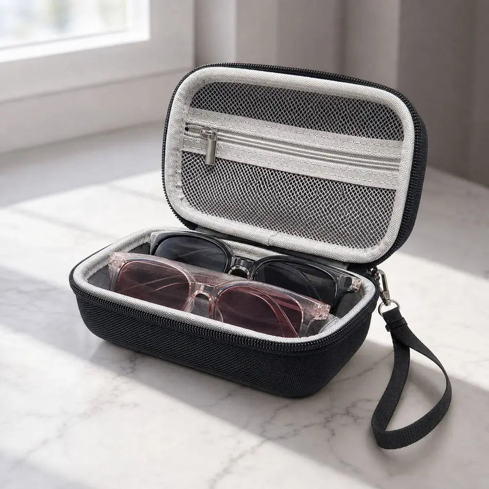 EVA Dual Compartment Glasses Case – Mesh Pocket & Divider Eyeglasses Organizer Case SWANS