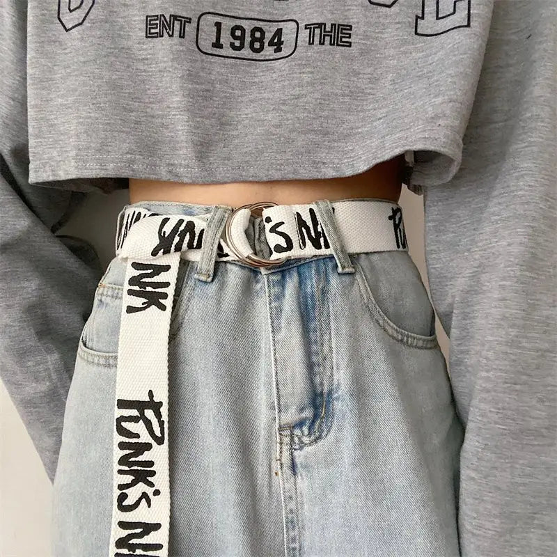 Korean Letter Canvas Belt – Unisex Harajuku D-Ring Buckle Canvas Fashion Belt SWANS white Adjustable