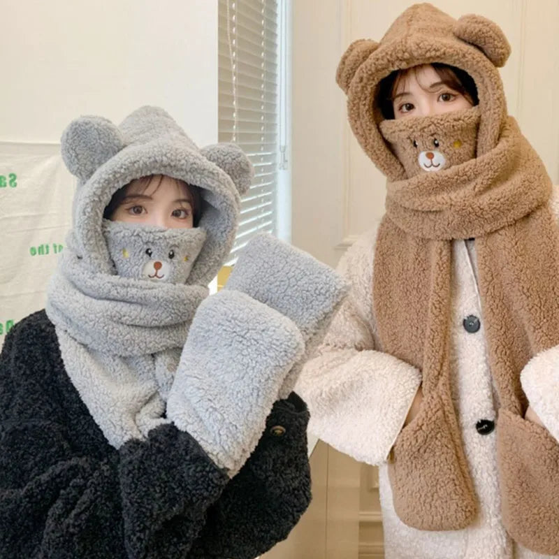 FAITOLAGI Cartoon Bear Plush Winter Hat Scarf Gloves Set Winter Hat Set SWANS