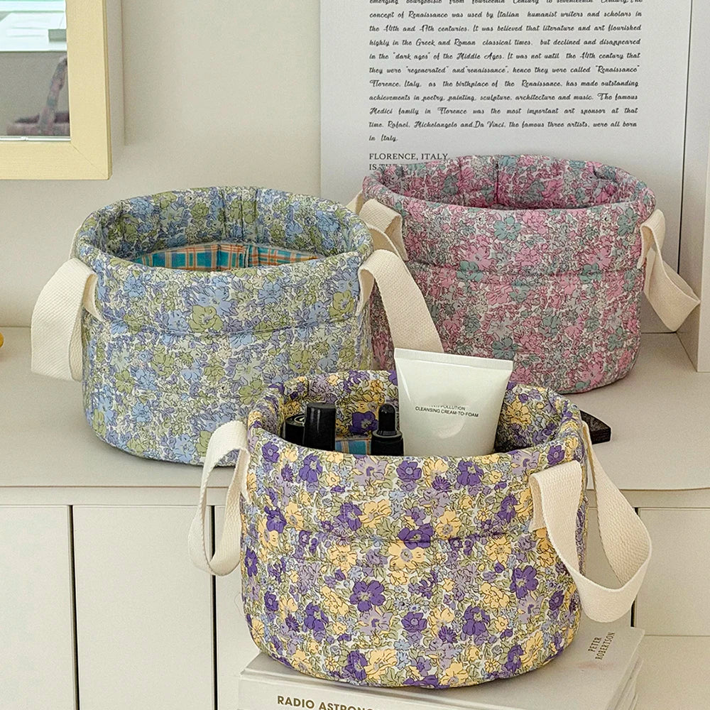 Vintage Floral Quilted Storage Basket with Handle | S/M/L Fabric Storage Basket SWANS