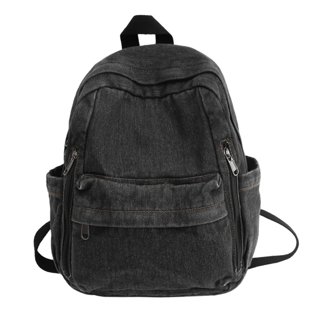 Vintage Washed Denim Backpack – Student Laptop & Travel Bag Denim Backpack SWANS 1 Black