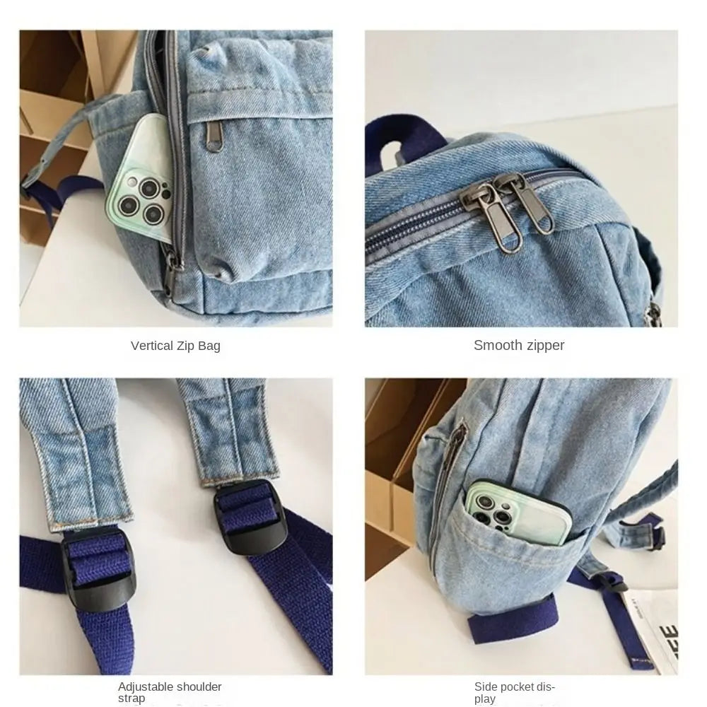 Vintage Washed Denim Backpack – Student Laptop & Travel Bag Denim Backpack SWANS