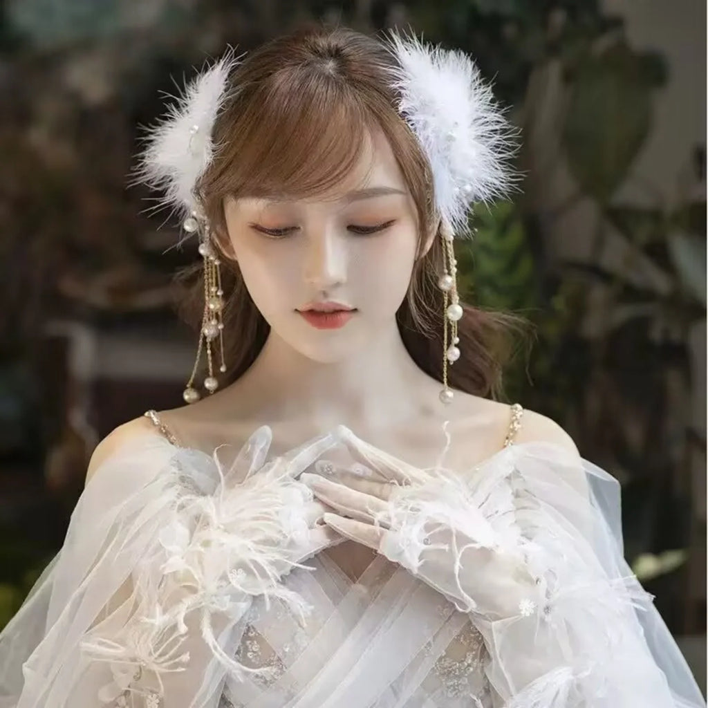 White Feather Hair Clip – Faux Pearl Tassel Bridal Barrette Bridal Hair Barrette SWANS