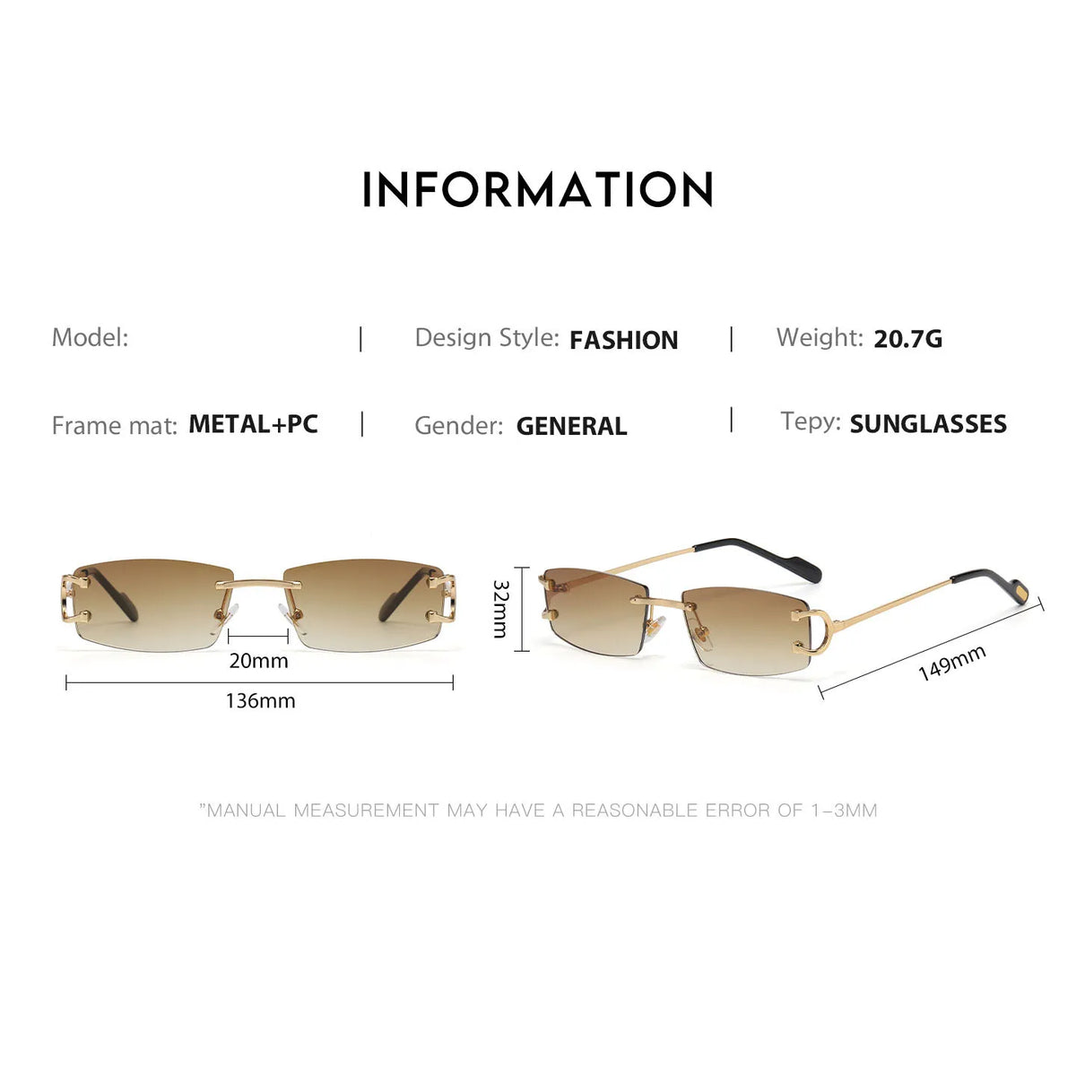 TOYEARN Vintage Rimless Rectangle Sunglasses UV400 Unisex Fashion Sunglasses SWANS